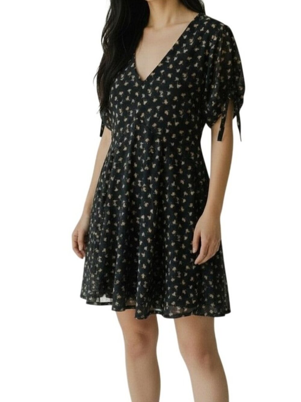 Sirenlily Black Floral V Neck Dress Tie Sleeve Lined Women M NWT New